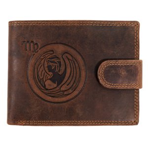 WILD Pánská kožená peněženka s přeskou s obrázky znamení - PANNA - hnědá
